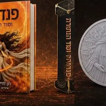 תיבת הטיטאנים - הספר בכריכה רכה, סימניה ייחודית של פנדורה ומטבע הנבואה קוטר 100 מ״מ