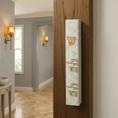 בית מזוזה מעוצב פולימר בטון 12 ס"מ "ברוך אתה בבואך"