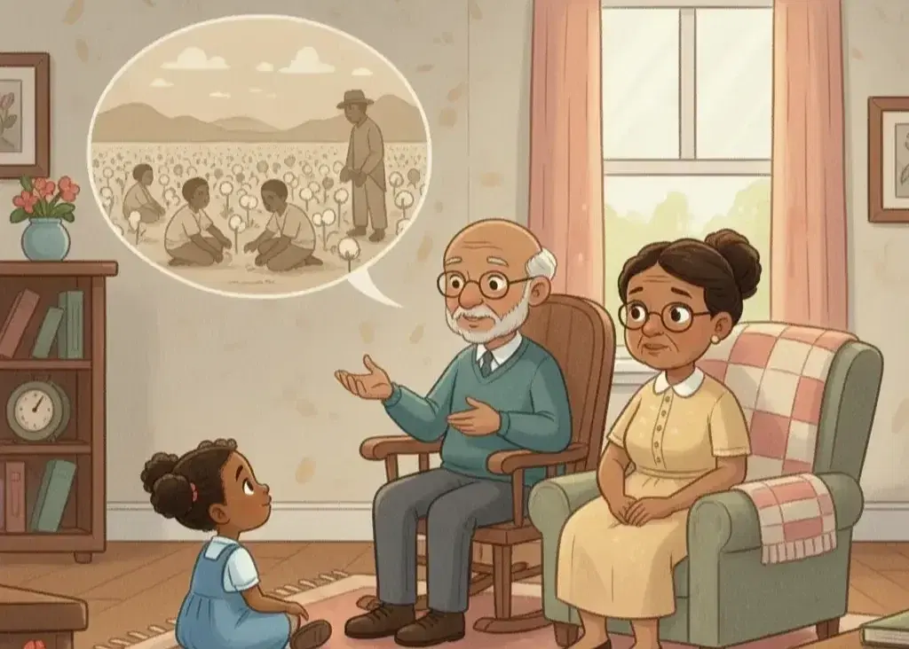 ילדה קטנה מקשיבה לסיפורים של סבא וסבתא על העבדות בארה"ב